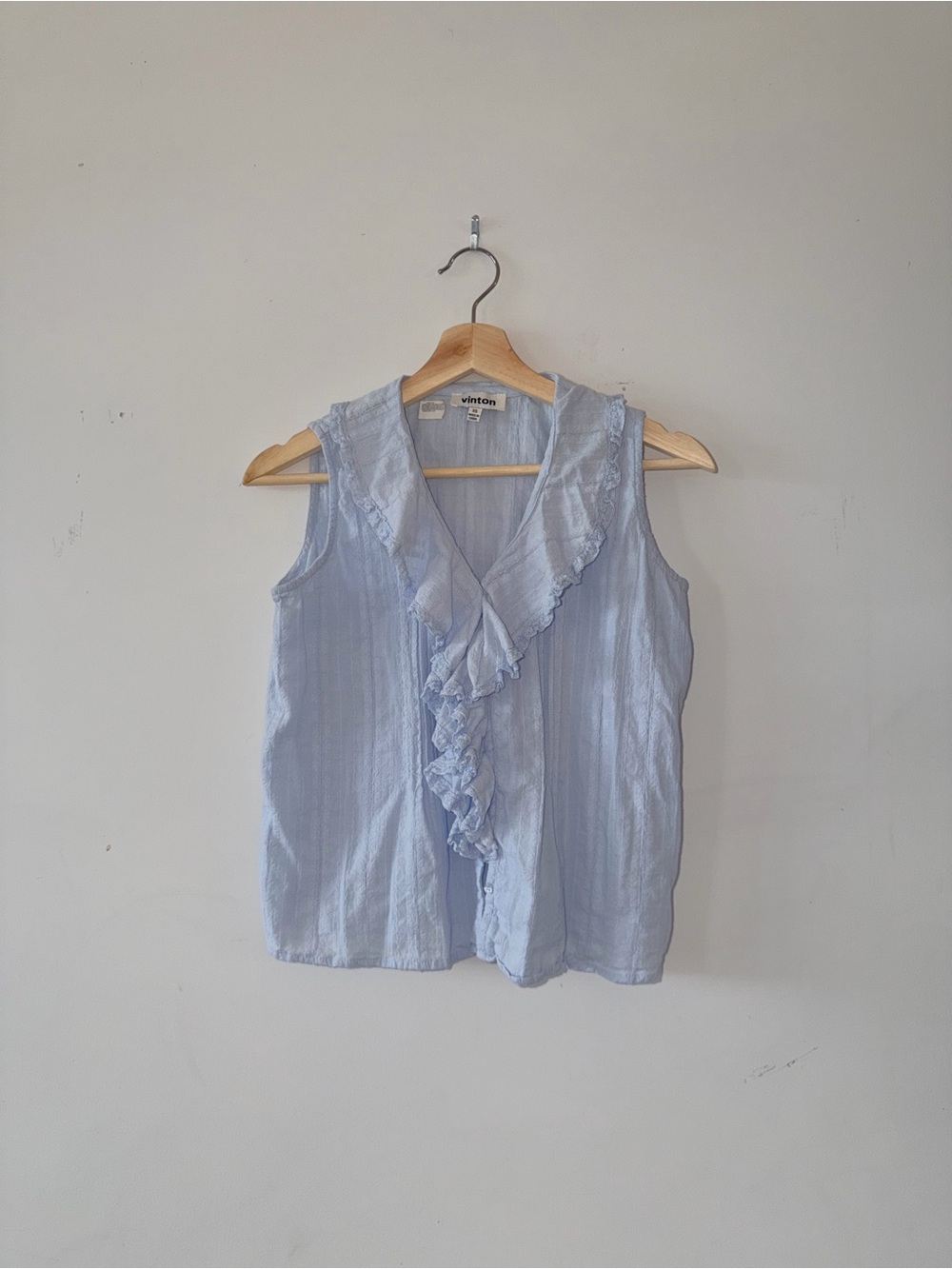 Light Blue Cotton Ruffle V-Neck Sleeveless Top